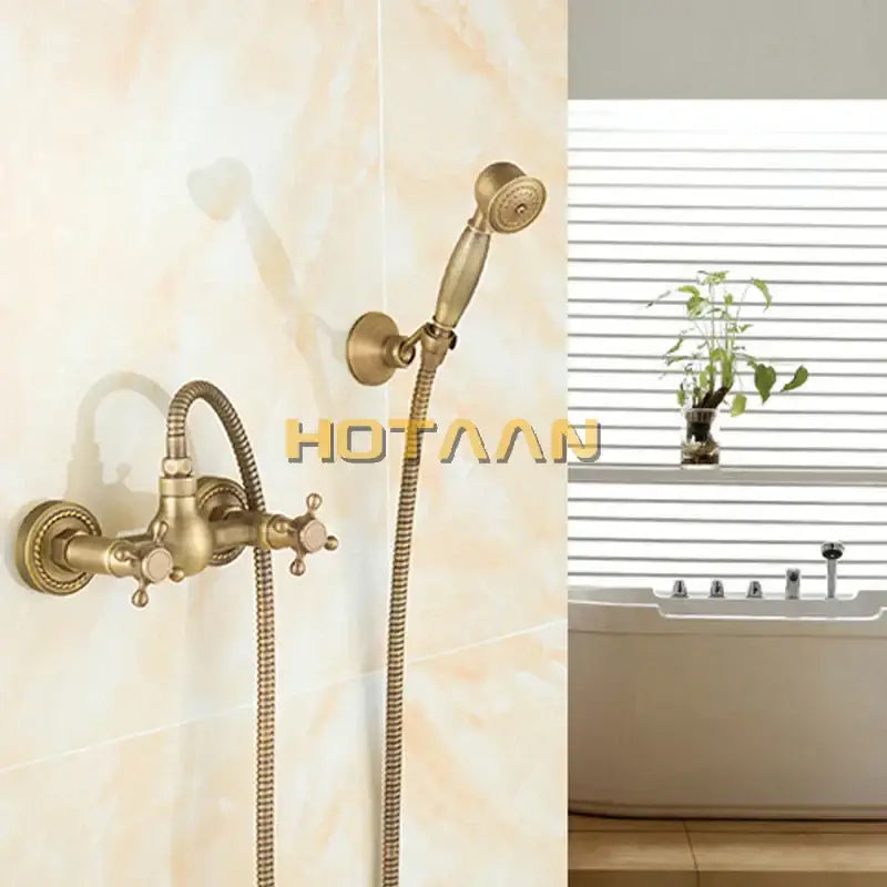 Decorbites antique brass shower head kit with wall-mounted faucet and handheld showerhead with braided hose