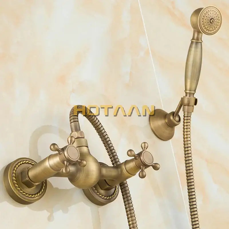 DecorBites antique brass shower head kit with two cross-handle knobs and detachable handheld showerhead for wall mount