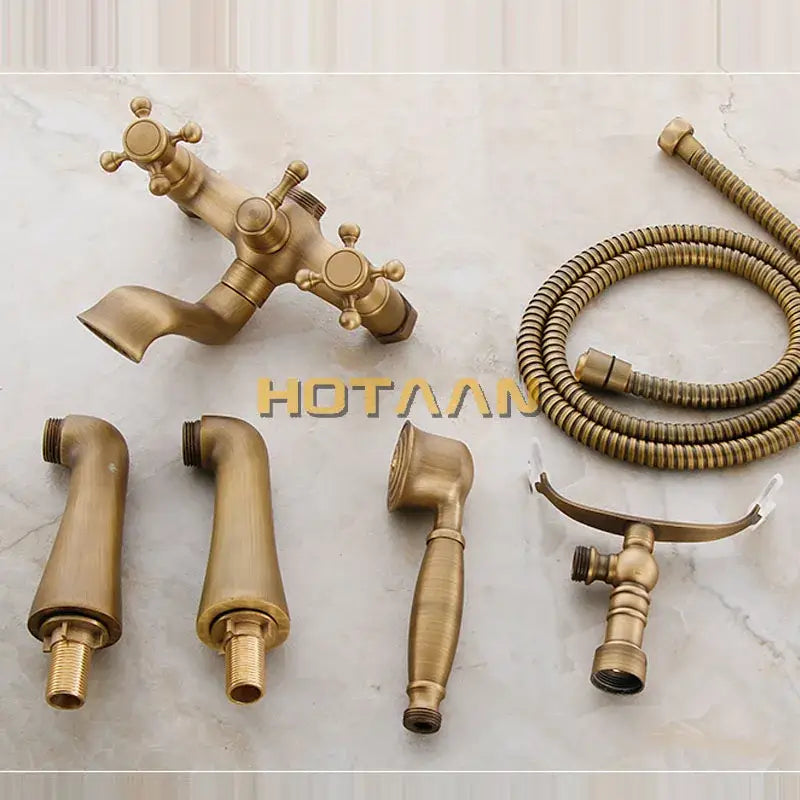 Antique brass bathroom faucet shower head kit with multiple shower heads and flexible hose by decorbites