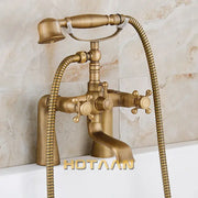 DecorBites antique brass shower head kit with vintage tub faucet, handheld showerhead, and two control knobs