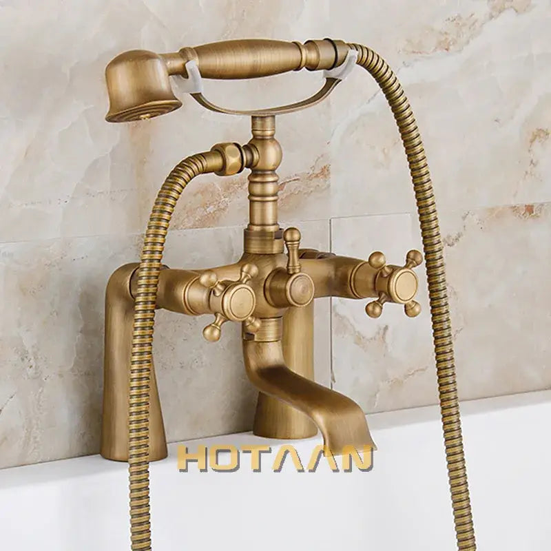 DecorBites antique brass shower head kit with vintage tub faucet, handheld showerhead, and two control knobs