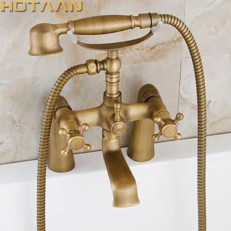 DecorBites antique brass shower head kit with vintage bathtub faucet and handheld showerhead on flexible hose