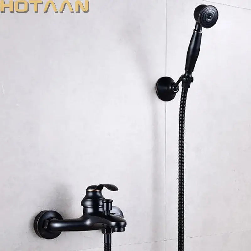 Decorbites™ antique brass hand held shower head kit with black matte brass finish and vintage-inspired design