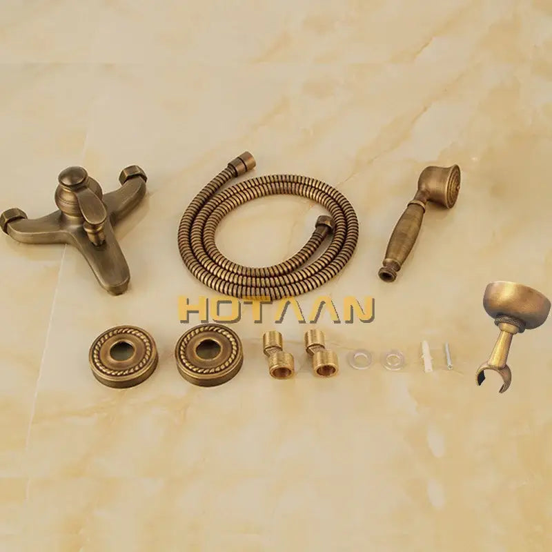 Decorbites antique brass shower head kit with matching faucet and flexible hose for bathroom wall mount use