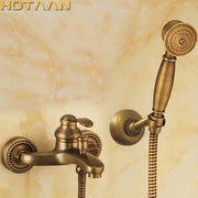 Decorbites antique brass shower head kit with ornate detailing includes bathroom faucet and hand held shower head