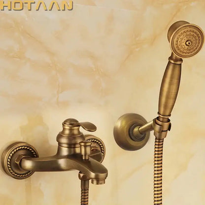 Decorbites antique brass shower head kit with ornate detailing includes bathroom wall mount faucet and handheld showerhead