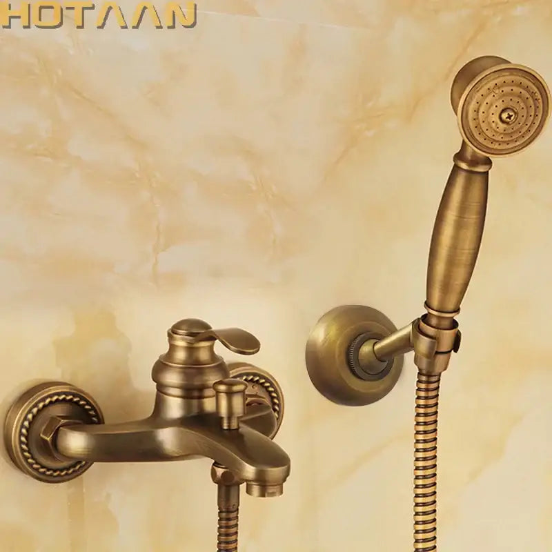 Decorbites antique brass shower head kit with ornate detailing includes bathroom wall mount faucet and handheld showerhead