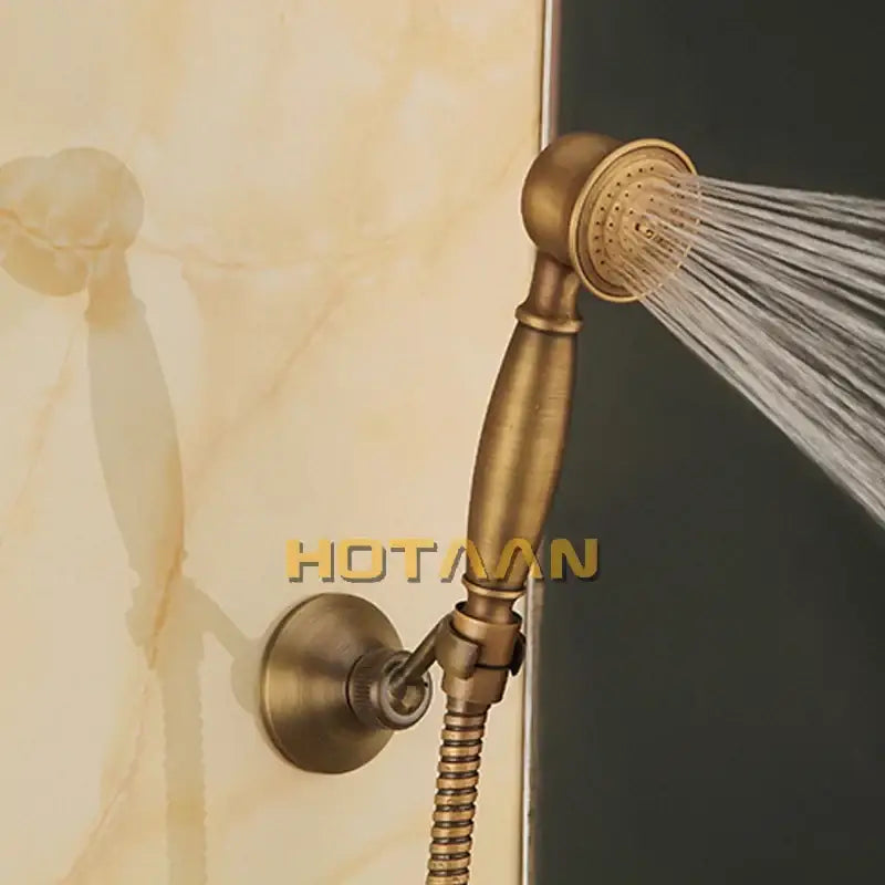 Decorbites™ antique brass handheld shower head kit with textured vintage design and flexible hose for bathroom wall mount