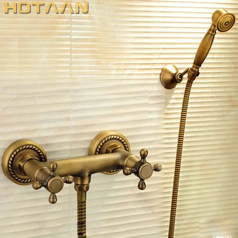 Decorbites™ antique brass shower head kit with ornate twisted rope handles for wall mount bathrooms vintage style