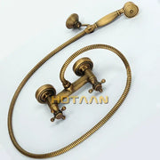 DecorBites antique brass hand held shower head kit with vintage wall mount and braided hose for bathrooms