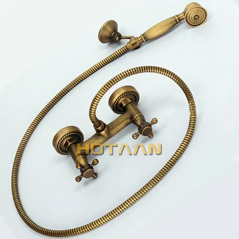 DecorBites antique brass hand held shower head kit with vintage wall mount and braided hose for bathrooms