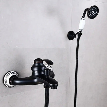 DecorBites™ shower head kit with black matte finish and white ceramic accents for wall mounted bathtub use