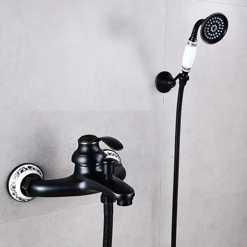 DecorBites™ shower head kit with black matte finish and white ceramic accents for wall mounted bathtub use