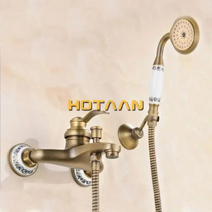 Decorbites antique brass shower head kit with ceramic handle and porcelain accents for wall mounted bathtub use