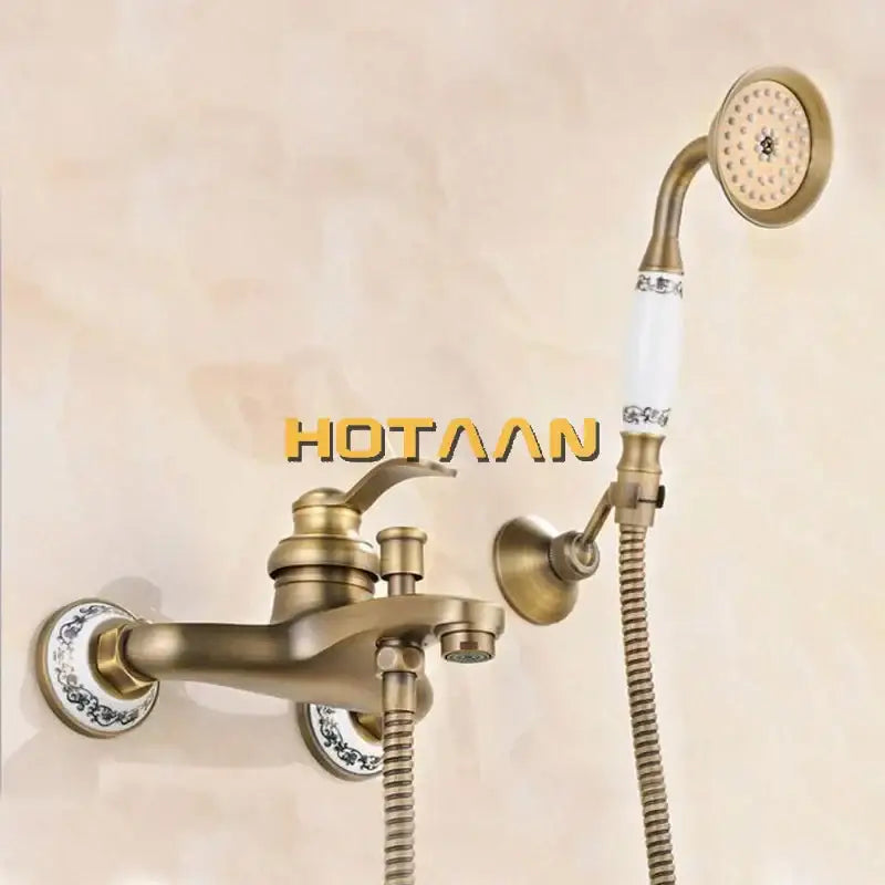 Decorbites antique brass shower head kit with ceramic handle and porcelain accents for wall mounted bathtub use
