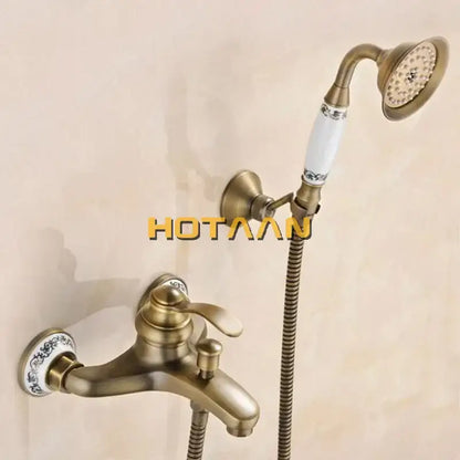 Antique brass shower head kit with ceramic handle accents and handheld showerhead for wall mounted bathtub DecorBites YT-5340-B
