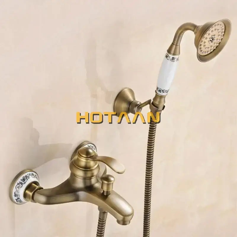 Antique brass shower head kit with ceramic handle accents and handheld showerhead for wall mounted bathtub DecorBites YT-5340-B