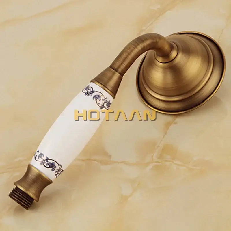 Decorbites antique brass hand-held shower head kit wall mounted shower faucet with white ceramic handle and blue floral patterns
