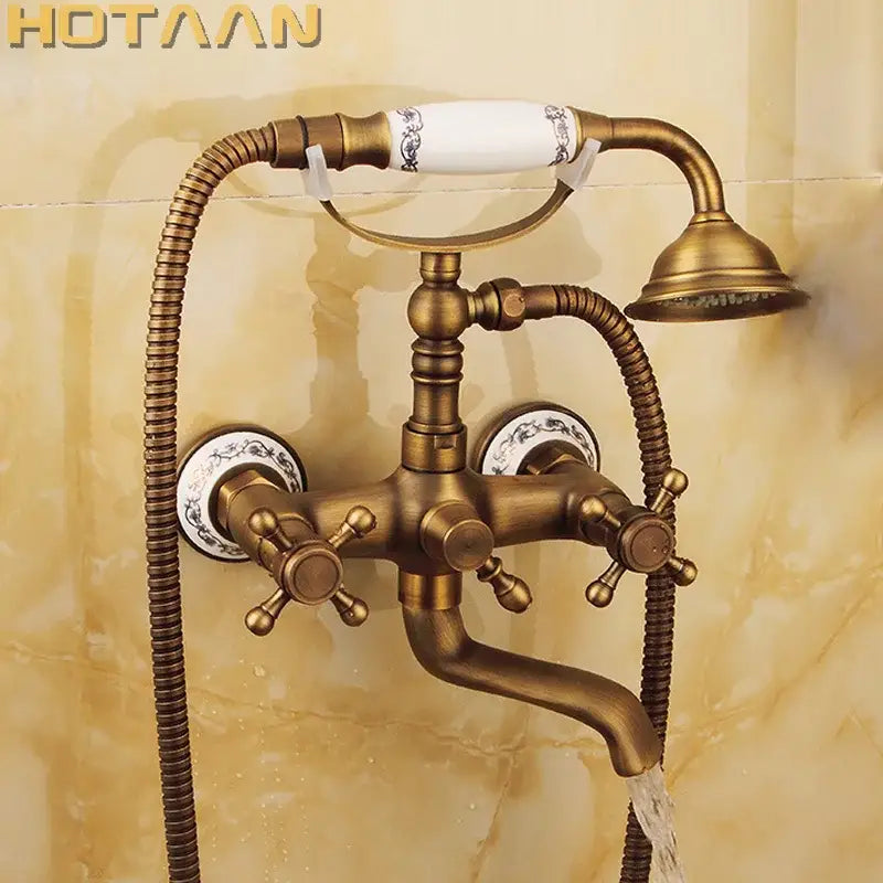 Decorbites antique brass shower head kit with ornate ceramic handles and decorative plates wall mounted faucet set