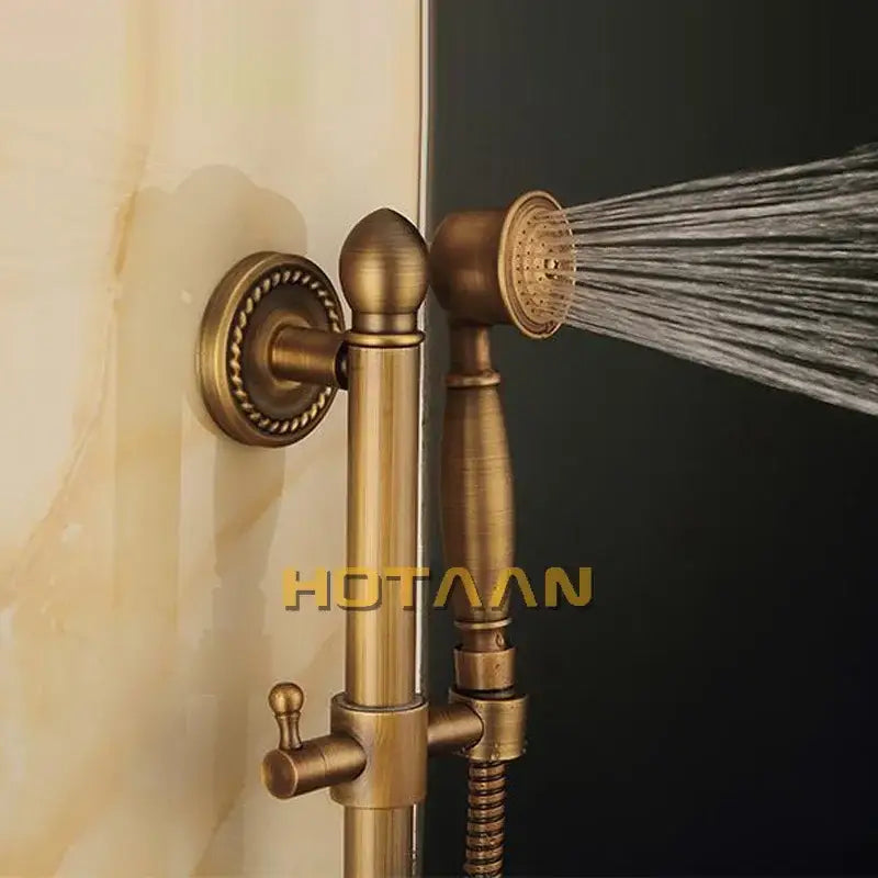 DecorBites™ antique brass shower head kit with ornate detailing and handheld spray head for versatile use