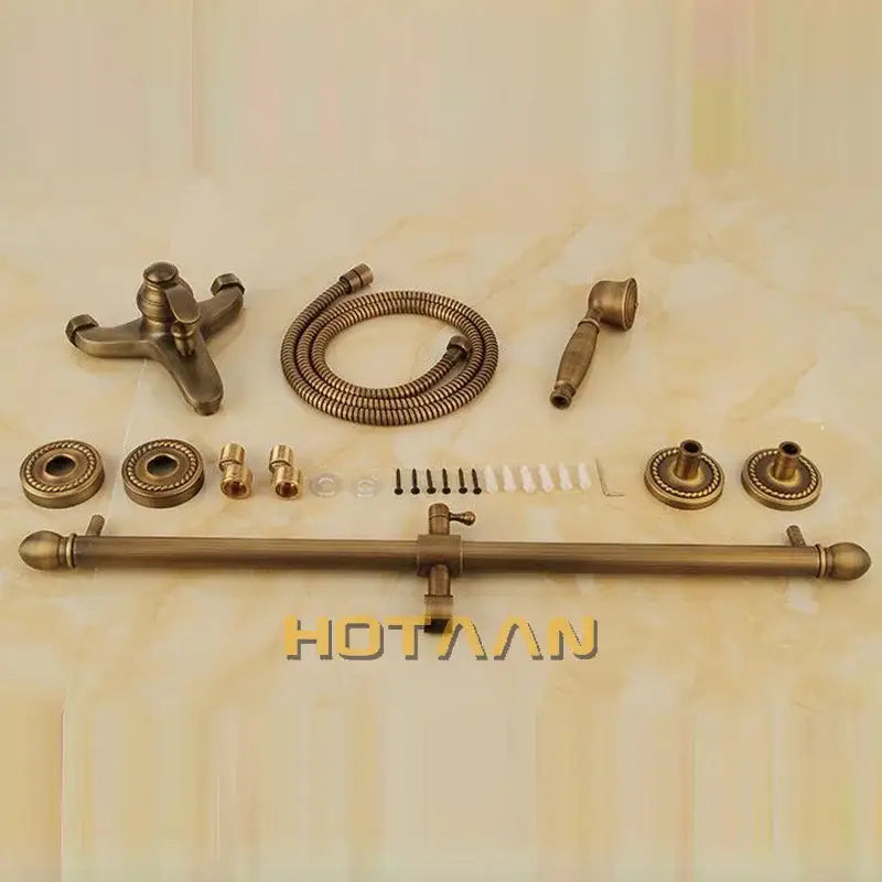 DecorBites antique brass shower head kit with handheld sprayer, coiled hose, and wall-mounted faucet assembly