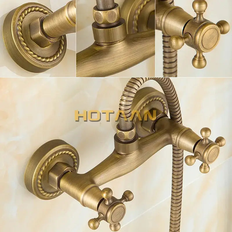 Decorbites™ antique brass hand held shower kit with ornate twisted rope detailing on wall mounted bathroom faucet