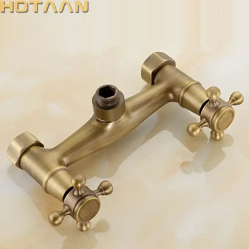 Decorbites antique brass hand held shower kit dual-handle bathroom faucet with cross knobs and central threaded connection