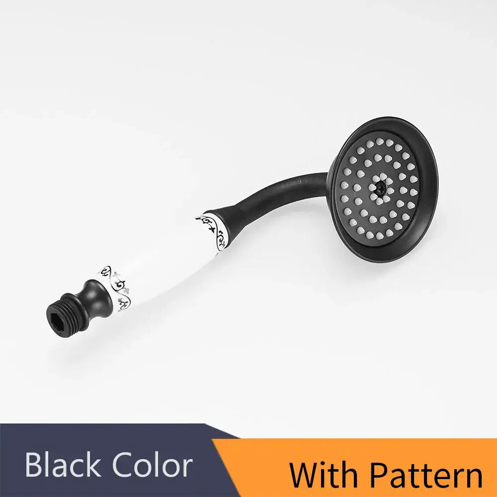 Black matte hand held shower with curved handle and white decorative accents for brass hand held use