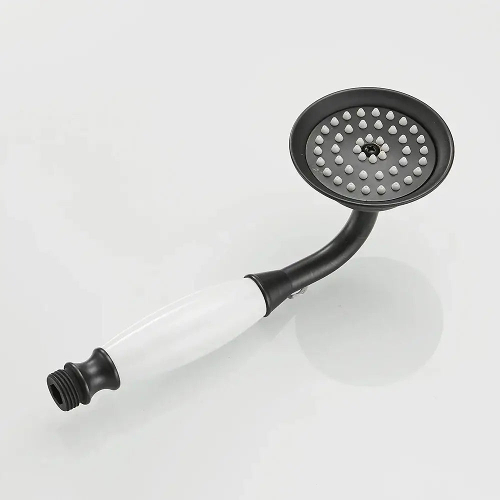Black and white decorbites antique brass hand held shower with curved handle and round rainfall spray face