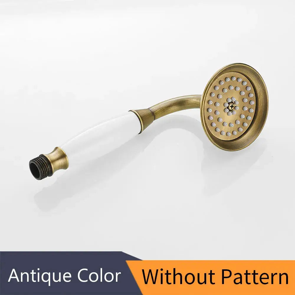 Decorbites antique brass hand held shower with white ceramic handle and round rainfall spray face with multiple nozzles