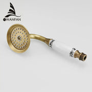 Decorbites™ antique brass hand held shower with white ceramic and black floral detailing round rainfall faucet