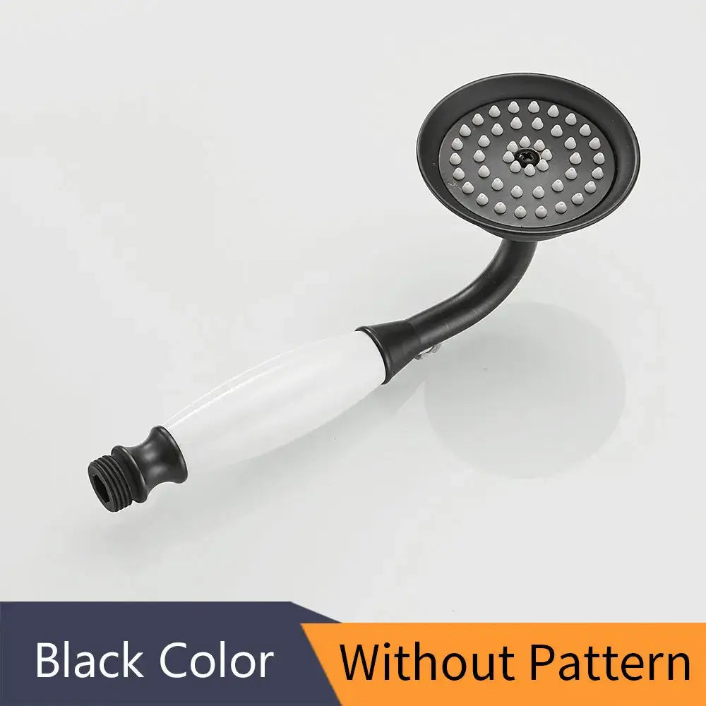 Black matte showerhead with white ceramic handle and curved spout for decorbites antique brass hand held shower