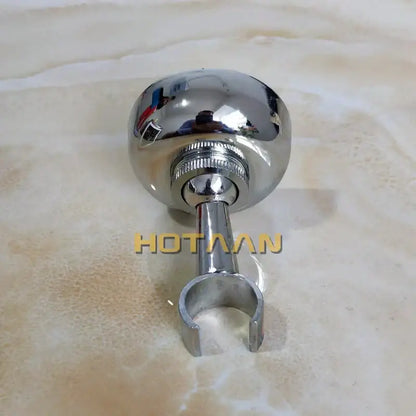 Decorbites™ shiny chrome spherical hand shower holder with curved mounting bracket and threaded base pedestal hook