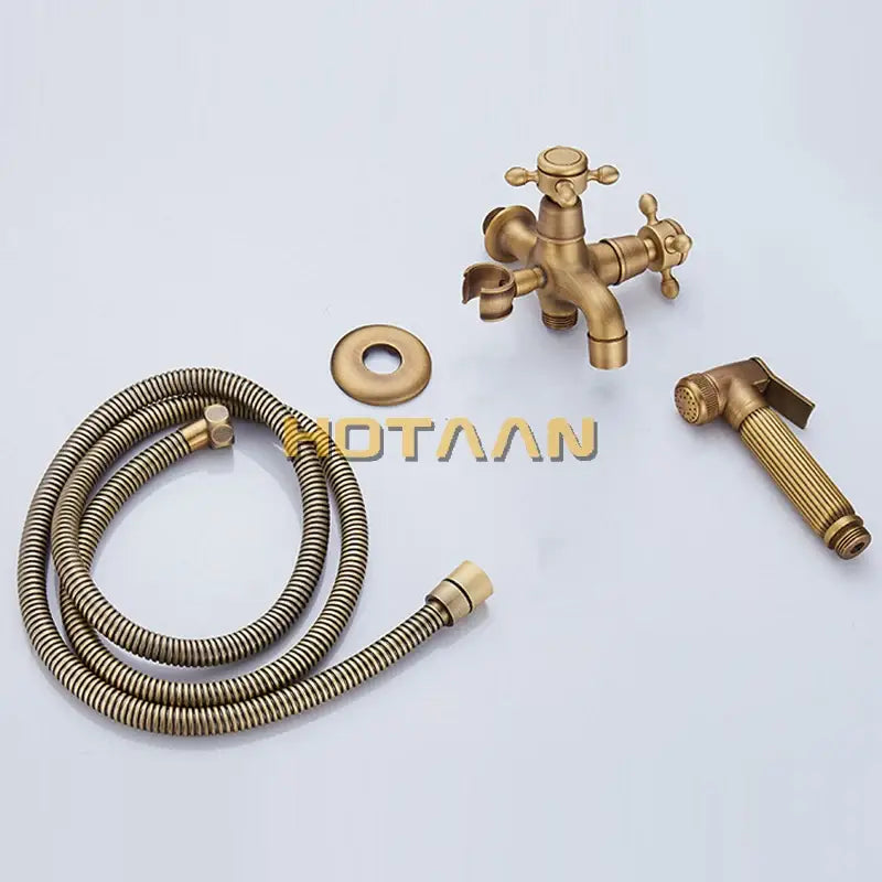 Decorbites™ antique brass handheld bidet sprayer set with brass-finished vintage faucet and matching shower hose