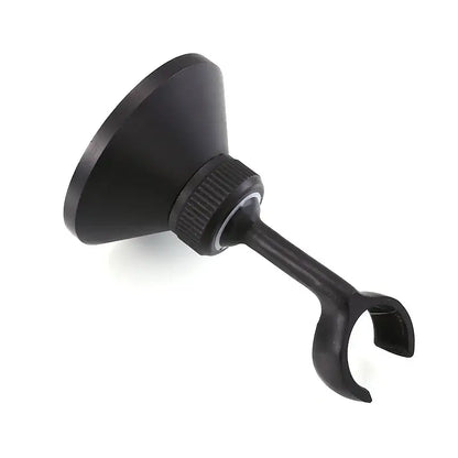 Black matte-finish suction cup mount with textured grip collar and adjustable hook for antique brass handheld shower holder