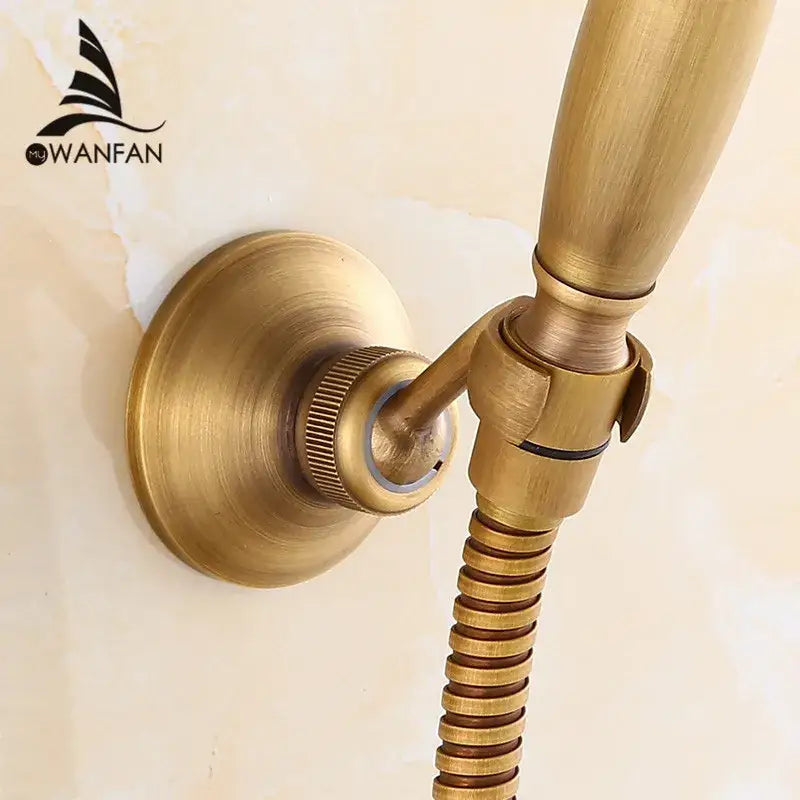 DecorBites antique brass handheld shower holder with textured ribbed hose and classic curved handle wall mount rack