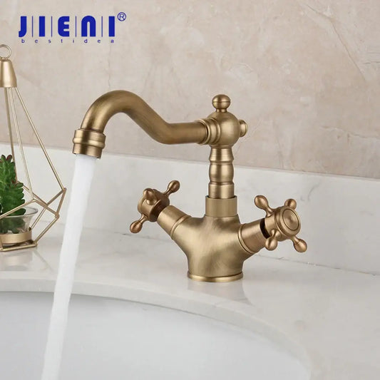 Decorbites antique brass kitchen bathroom faucet swivel mixer tap with curved spout and dual cross handles