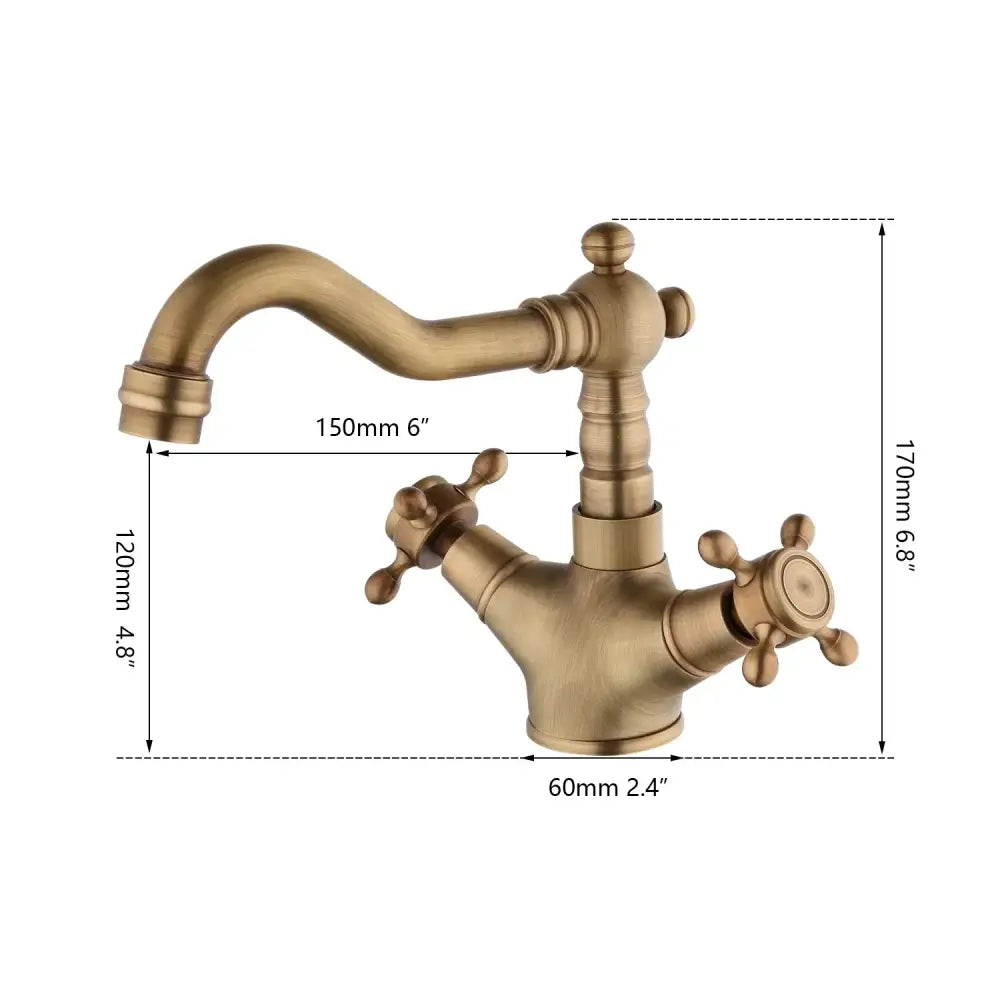 DecorBites antique brass kitchen bathroom faucet with curved spout and dual cross handles deck mount swivel mixer tap