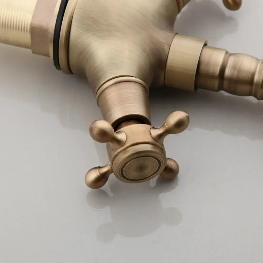 DecorBites antique brass kitchen bathroom faucet with vintage cross handles and threaded connections for deck mount