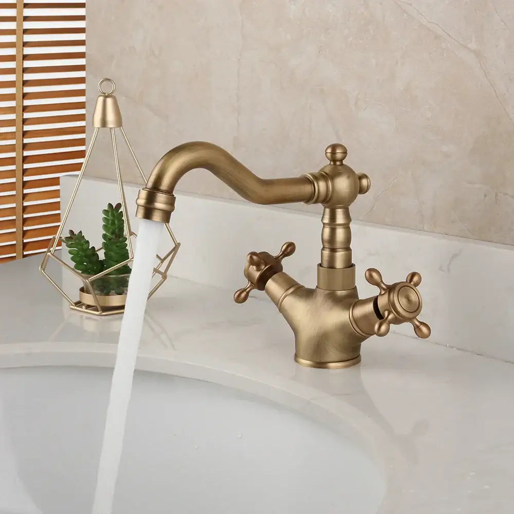 Antique brass kitchen bathroom faucet with ornate cross handles and curved spout by decorbites deck mount swivel mixer tap