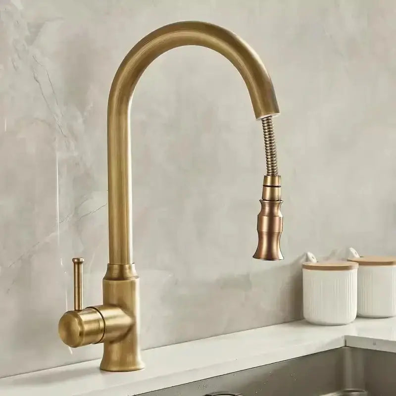 DecorBites antique brass kitchen faucet with brass finish, curved spout, and flexible pull-out spray head for sinks