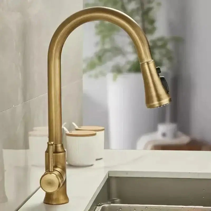 DecorBites™ antique brass kitchen faucet with brass finish, curved spout, pull-down spray head, and 360° rotation