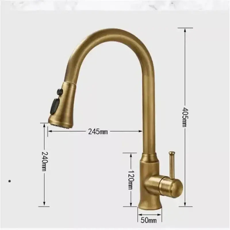DecorBites antique brass kitchen faucet with brass finish, sleek curved spout, black knobs, and 360° rotation design
