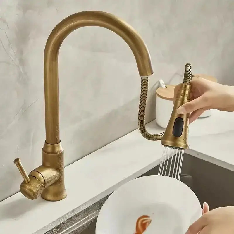 Decorbites antique brass kitchen faucet with brass finish pull-down spout and flexible hose for sink mixer tap