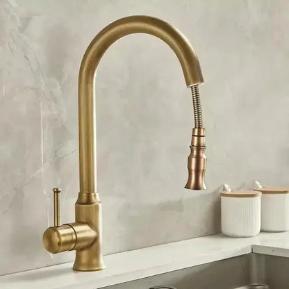Decorbites™ antique brass kitchen faucet with brass finish, curved spout, and extendable pull-down spray head