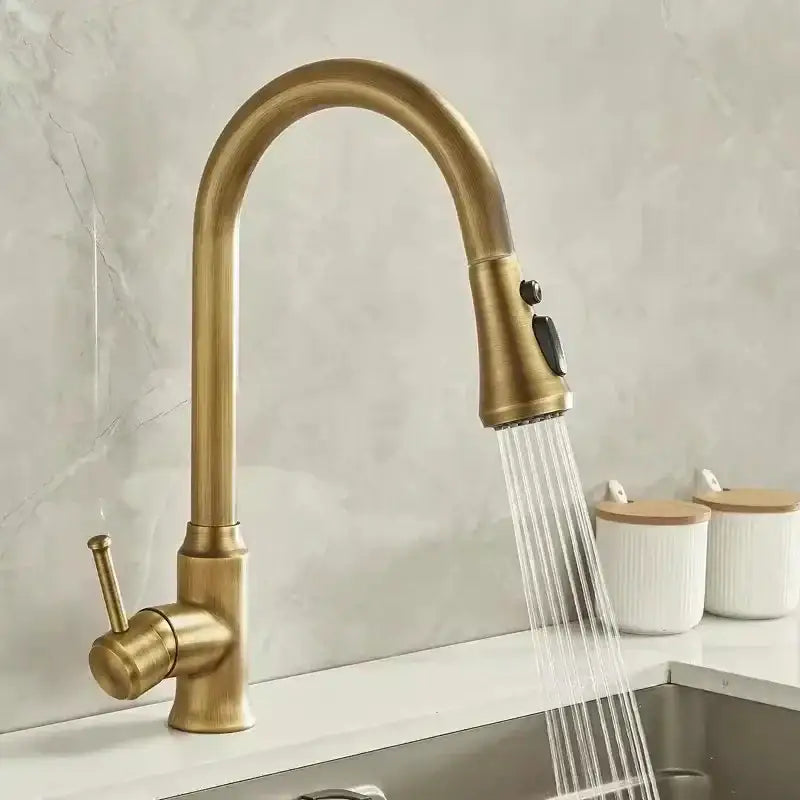 Decorbites antique brass kitchen faucet with brass finish curved spout and pull-down spray head 360 degree rotation