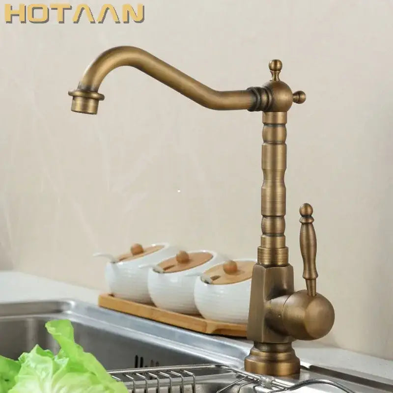 Antique brass kitchen faucet decorbites with curved spout and ornate swivel basin sink mixer tap yt-6025