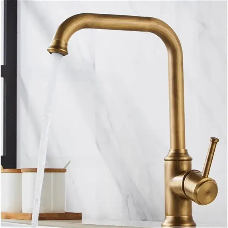 Decorbites antique brass kitchen faucet with curved spout single lever handle and 360° swivel brass kitchen faucet