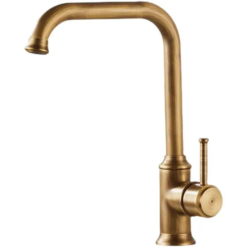 Decorbites antique brass kitchen faucet with curved spout, single lever handle, and 360° swivel for hot cold use