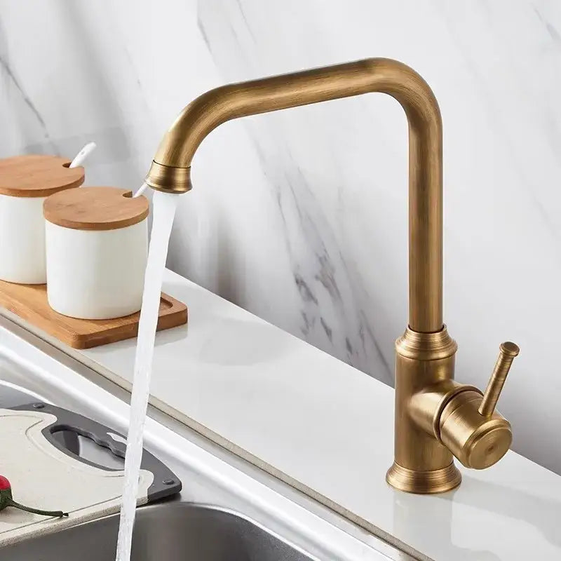DecorBites antique brass kitchen faucet with curved spout single lever handle 360° swivel brass kitchen faucet